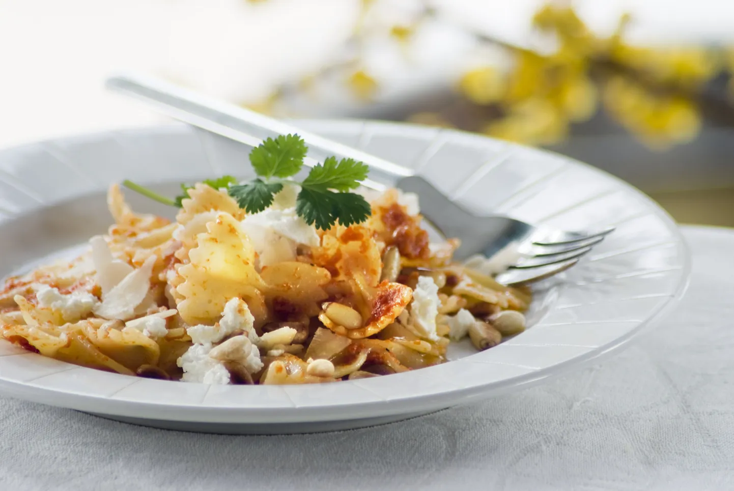 Фарфалле с курятиной и красным песто.