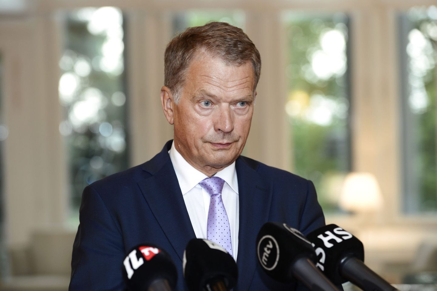 Soome president Sauli Niinistö täna Mäntyniemis toimunud pressikonverentsil.
