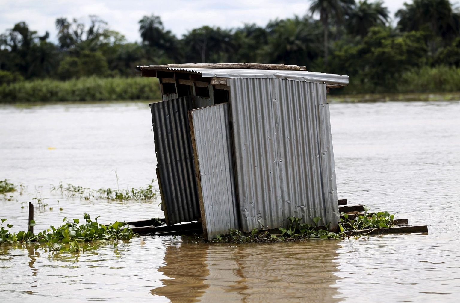 Tulvaveega laiali kantud väljaheited saastavad ka ümbruskaudseid puhta joogivee allikaid. Pildil minema uhutud tualett Nuni jõel Nigeeria Bayelsa osariigis. 