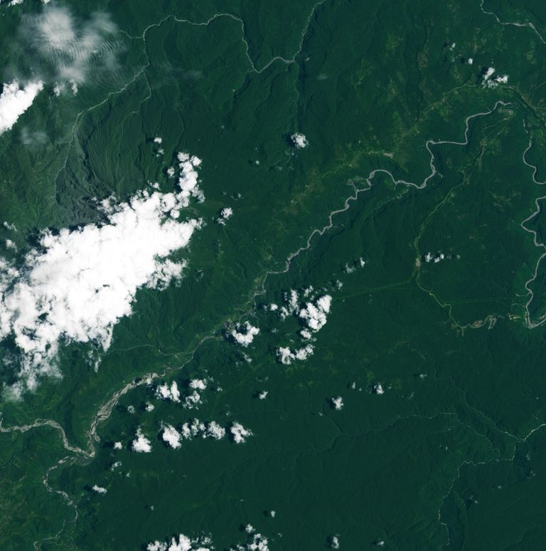 NASA satelliidipilt Ecuadori Coca jõest, millel asus San Rafaeli juga, millest ei ole peaaegu midagi alles