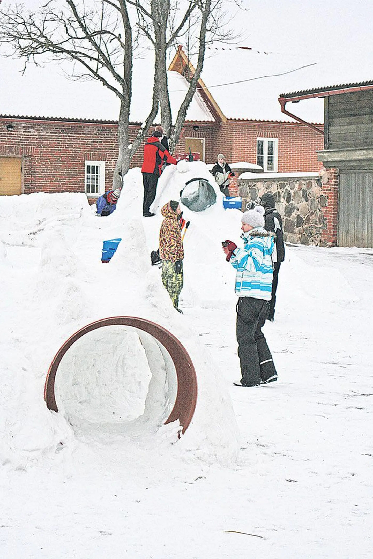 Tartu kunstikooli kolme kursuse õpilased rassisid terve kolmapäeva maanteemuuseumi õuele kuut lumekuju ehitades. Töö kõrvalt jäi aega ka lustimiseks ja vastsete liuradade katsetamiseks.