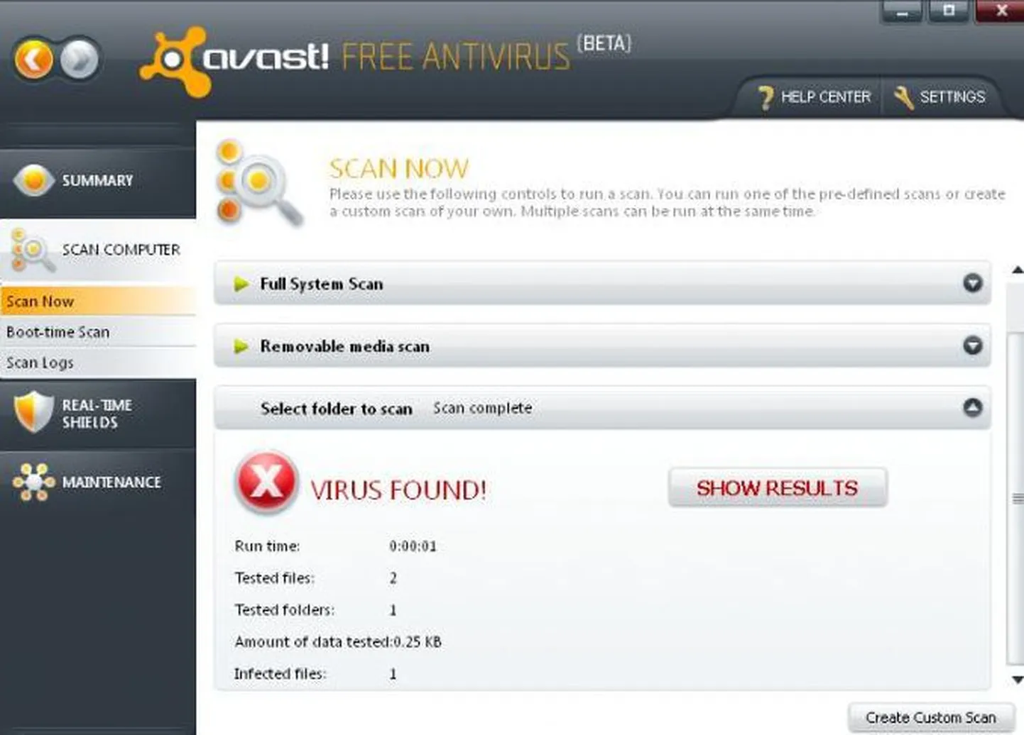 Aken viirustõrje Avast! Antivirus 5 testversioonist.