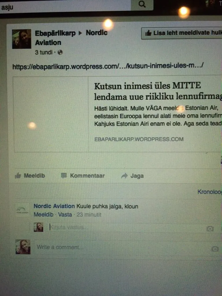 Blogija sai oma blogipostitust jagades Nordic Aviationilt väidetavalt sellise vastuse.
Foto: Ebapärlikarp blogi