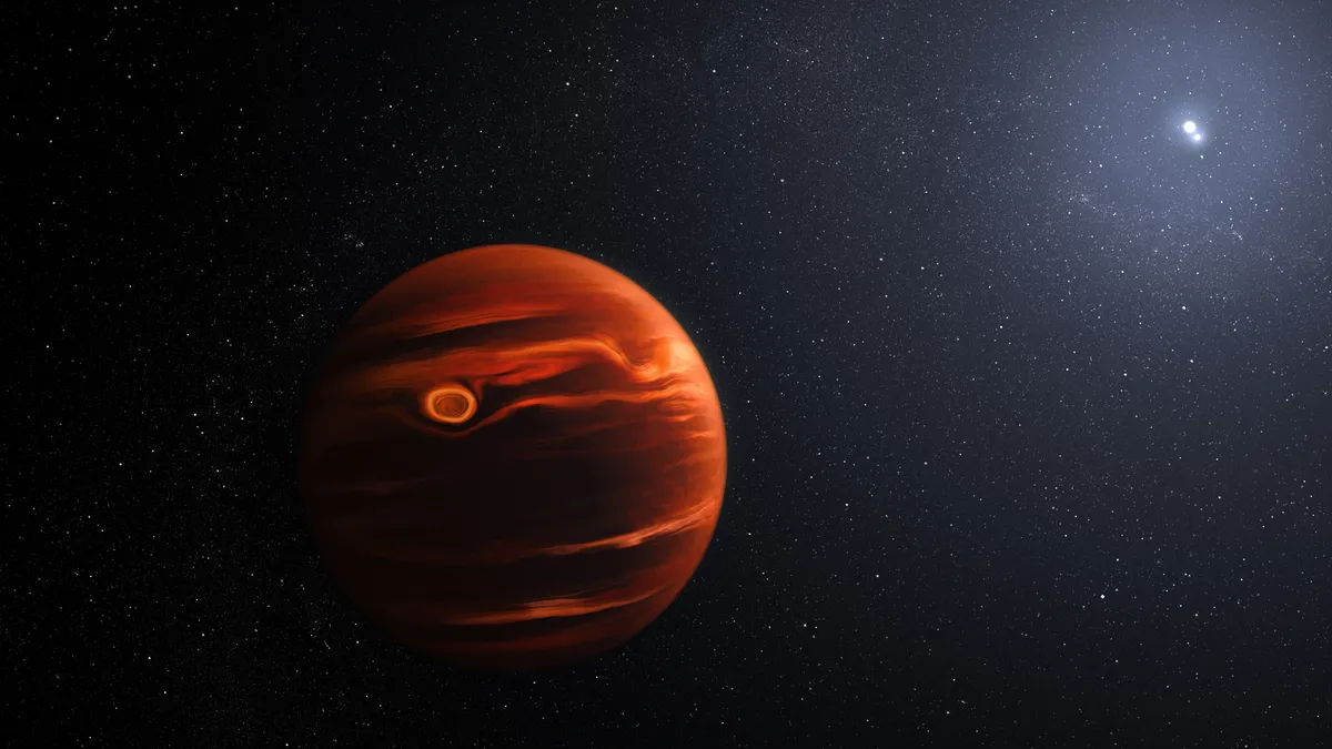Eksoplaneedi VHS 1256 b kujutis, mille kunstnik on loonud James Webbi kosmoseteleskoobiga (JWST) koostatud spektri alusel. Kahe ematähe ümber tiirleva ning Jupiterist üle 10 korra suurema planeedi atmosfääris möllavad JWST vaatlusandete järgi võimsad tolmutormid.