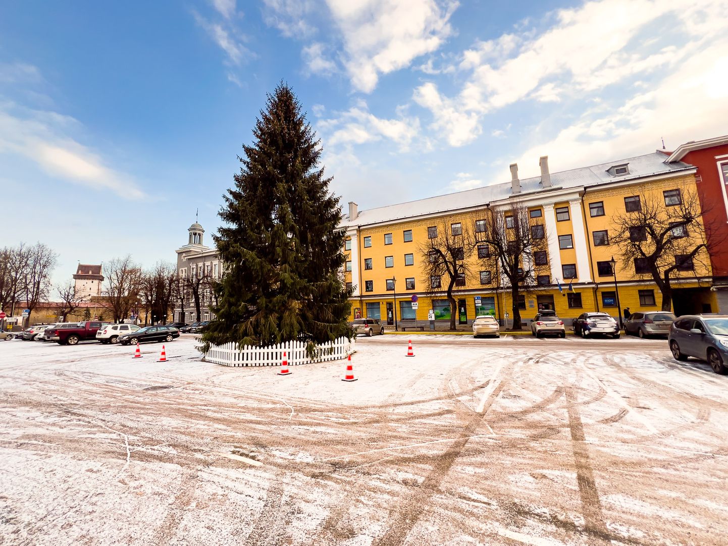 На автопарковке Петровской площади Нарвы - в привычном месте возле зданий горуправы и пограничного пункта - 21 ноября установили 15-метровую ель.