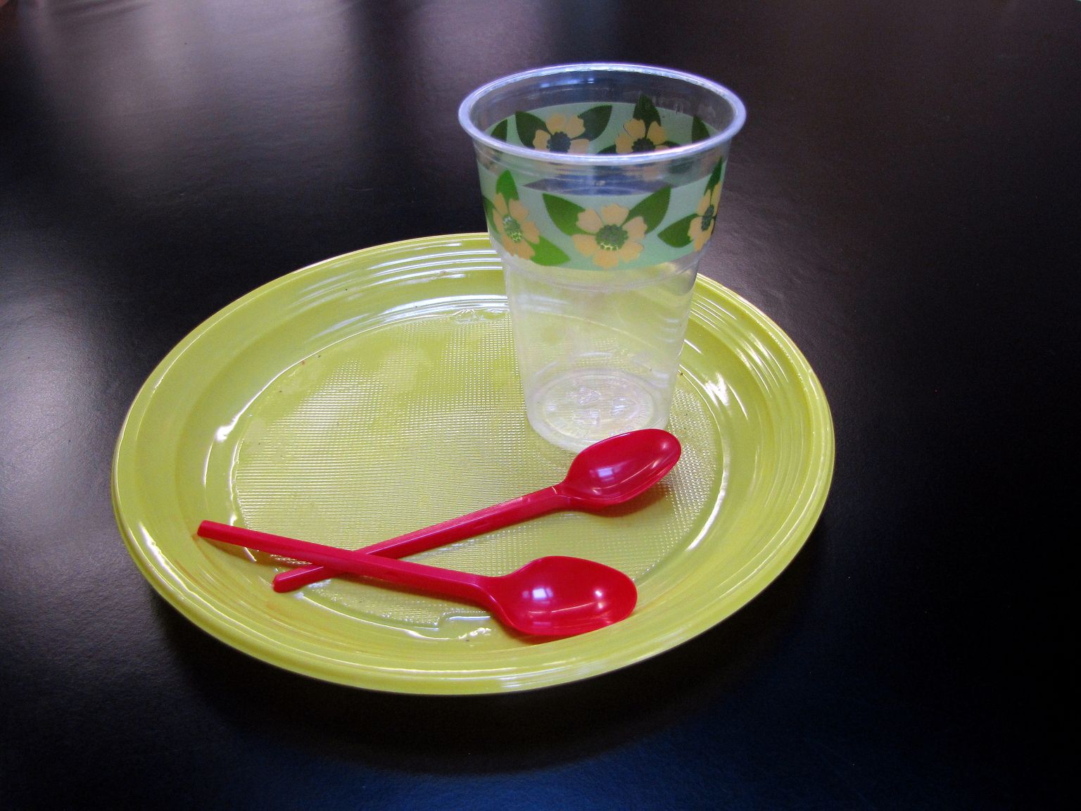 Plastmassist söögivahendid: taldrik, lusikas, tops.