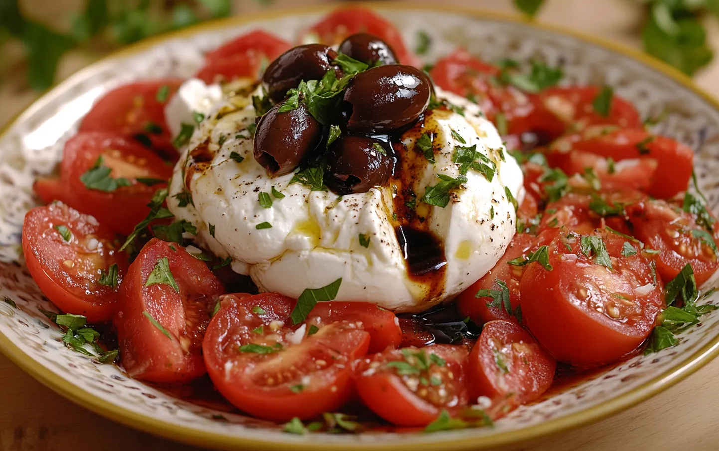 Burrata ar tomātiem un olīvām. Ilustratīvs attēls.
