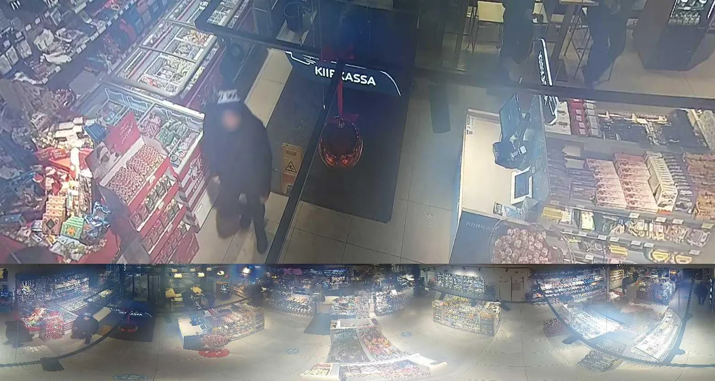 Alexela tanklapood on kaameraid täis, kuid see ei hoia vargaid eemal. Pildil on tuttmütsiga mees, kes sai poest saagiks nii suure muna kui muud kaupa.