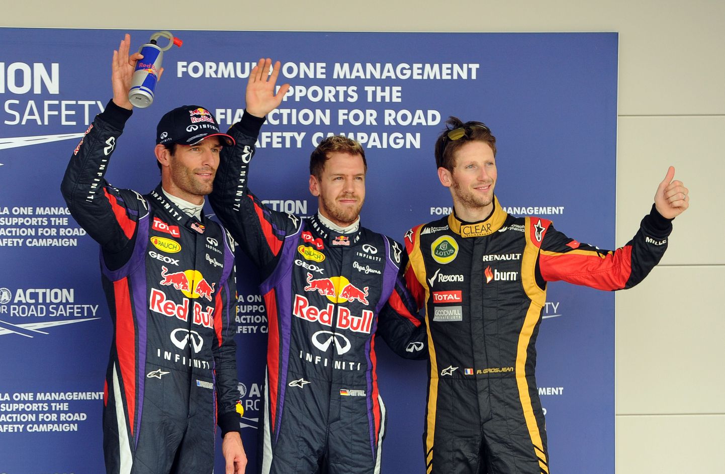 Homse etapi stardi esikolmik (vasakult): Mark Webber, Sebastian Vettel, Romain Grosjean.