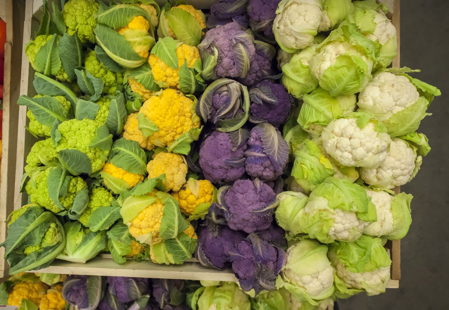 Colored baby cauliflower and other produce in a grocery store in New York on Monday, June 27, 2016. (Photo by Richard B. Levine) *** Please Use Credit from Credit Field ***