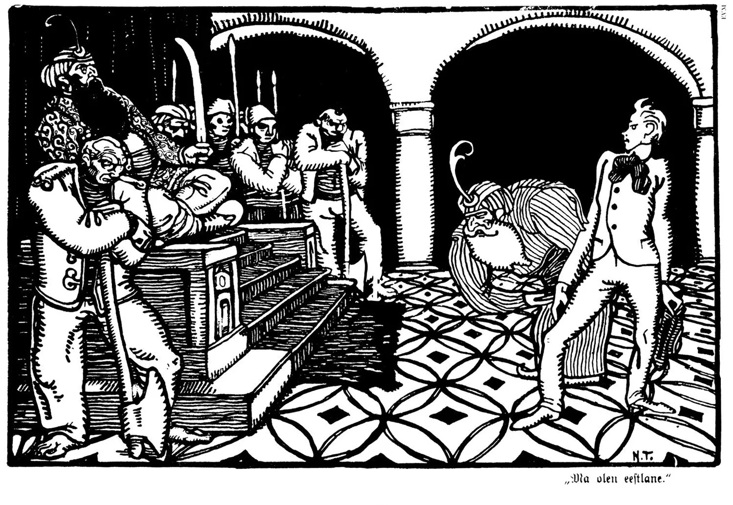 Nikolai Triigi joonistus. Eduard Vilde naljajuttude kogumik «Muiged». Mõtte kirjastus, 1913, EVM.