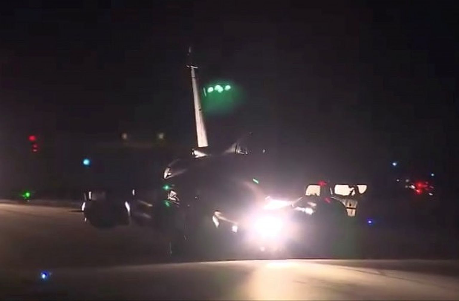 A plane prepares to take off as part of the joint airstrike operation by the British, French and U.S. militaries in Syria, in this still image from video footage obtained on April 14, 2018 from social media. courtesy Elysee/Twitter/via REUTERS