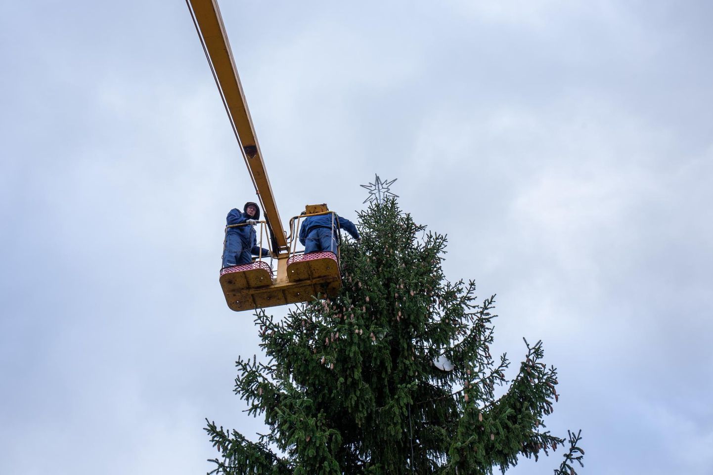 Sakala fotofraaf püüdis pildile hetke, mil Elektrikeskuse töömehed Andres Loo ja Toomas Lellep ehtisid jõulupuu tippu.