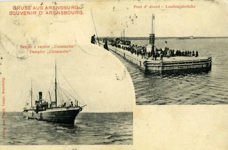 Liitpostkaart Roomassaare sadam, sadamakaile ja aurik Constantin merel, SM F 3761:1552 F, Saaremaa Muuseum SA