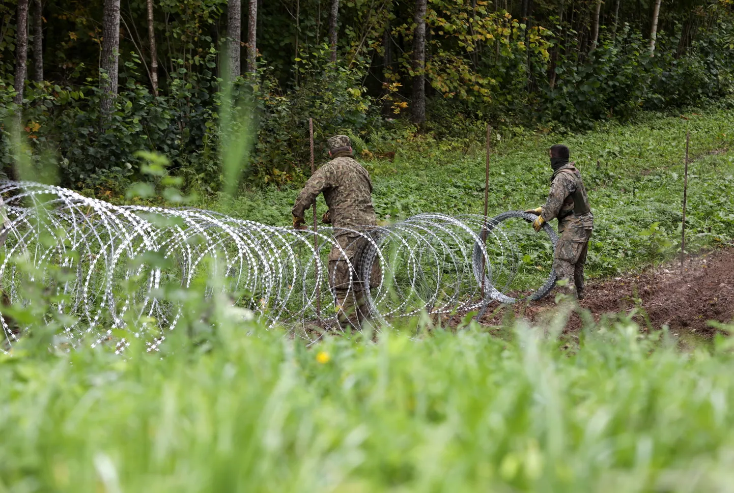 Lai kavētu nelegālo migratnu plūsmu, uz Latvijas-Baltkrievijas robežas tiek uzstādīts Slovēnijas Aizsardzības ministrijas dāvinātais pagaidu žogs.