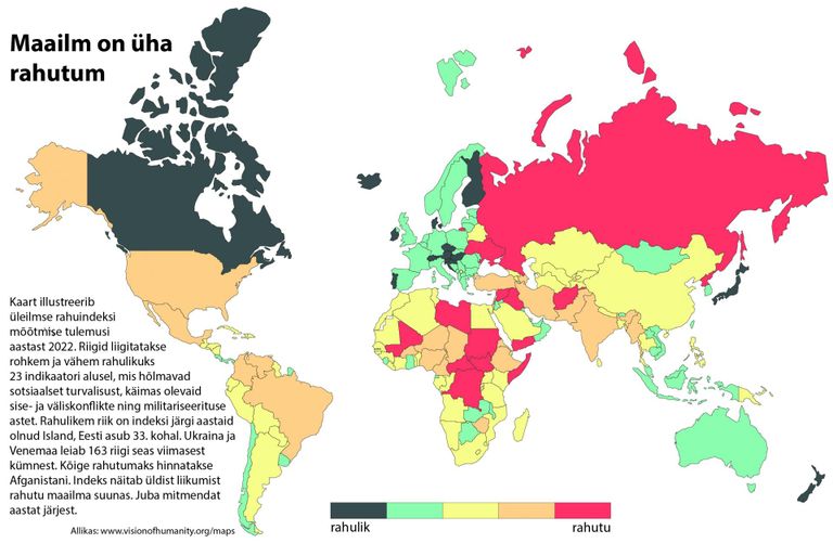 Kaart illustreerib mulluse üleilmse rahuindeksi hindamise tulemusi. Tumerohelised on rahulikud paigad, punased rahutud.
