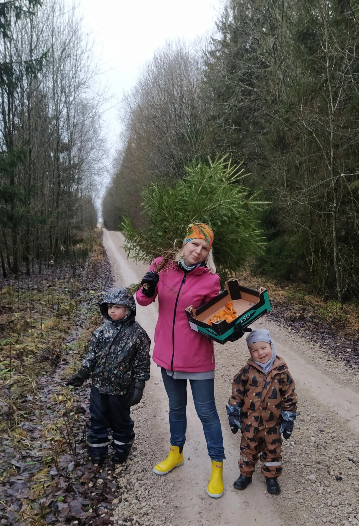 Perekond Tammus tõi Avispea külas metsast koju nii jõulukuuse kui ka korraliku kukeseenesaagi. Pildil pereema Heili Tammus koos lastega.