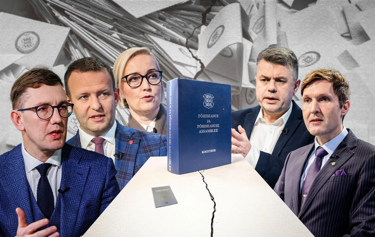 У коалиционных и оппозиционных партий нет единого мнения по поводу изменения Конституции в части избирательного права. На фото (слева направо): Кристен Михал, Лаури Ляэнеметс, Кристина Каллас, Урмас Рейнсалу и Мартин Хельме.