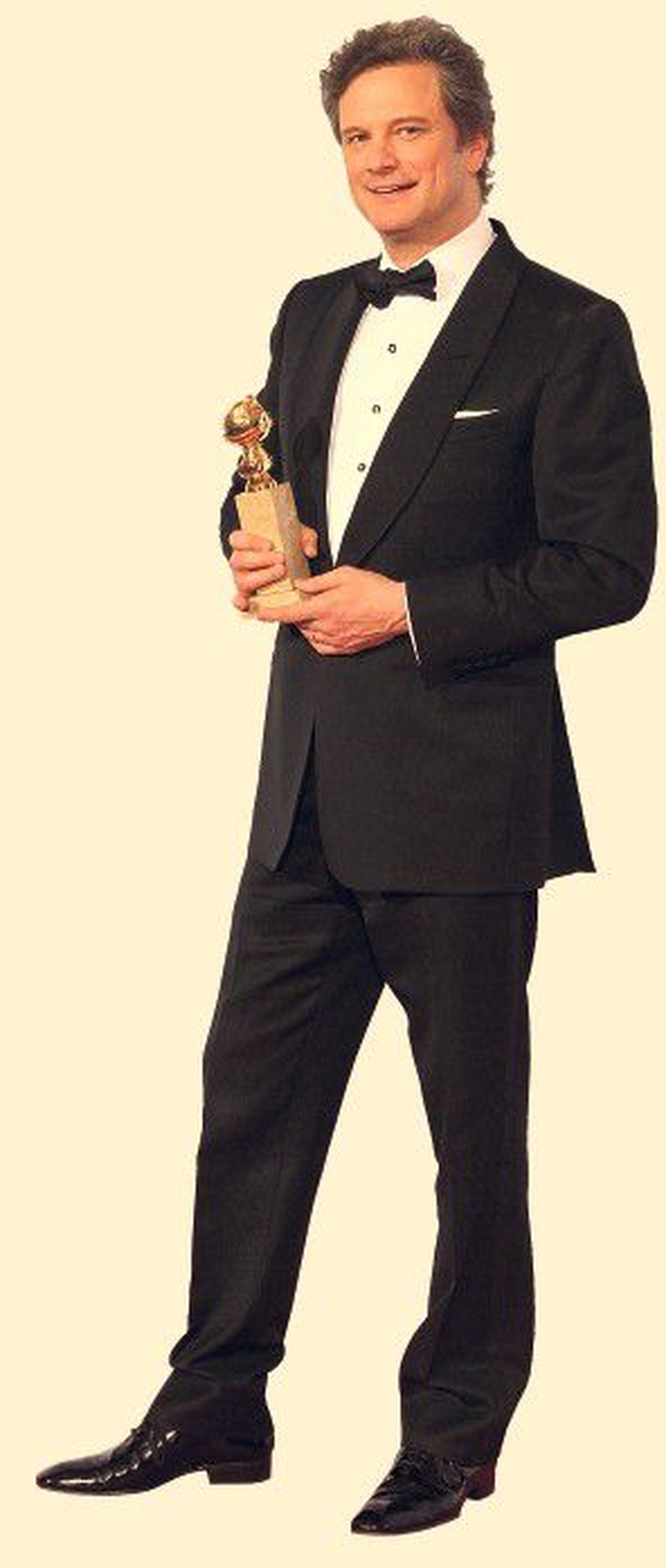 Sarm lööb jalust: maineka filmiauhinna Kuldgloobuse parima meesnäitleja tiitli võitnud Colin Firth poseerib ihaldatud kujuga.