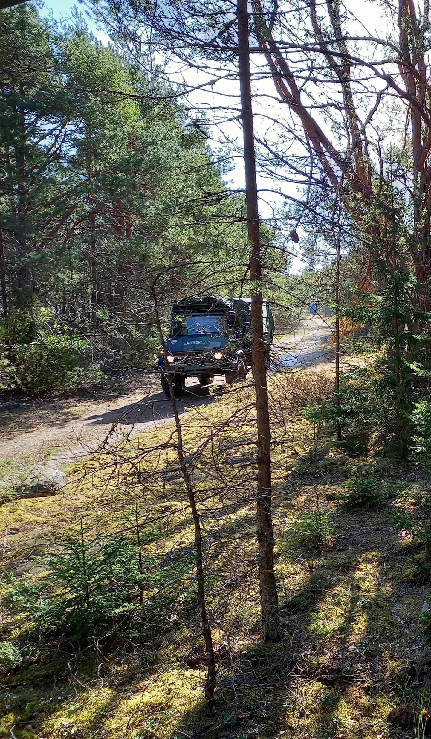 Kaitseliitlased liikumas veoautoga mööda varjatud metsateed ettenähtud kohta Saaremaa põhjarannikul.
