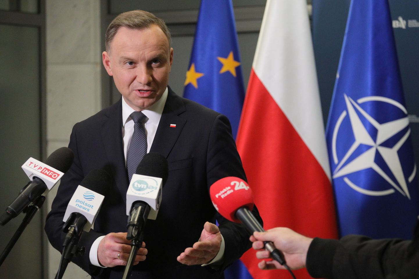 Poola president Andrzej Duda teisipäeva hilisõhtul pressikonverentsil.