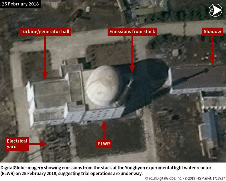 This Feb. 25, 2018 photo released by IHS Markit shows the Yongbyon experimental light water reactor in North Korea, suggesting trial operations are under way. Increased activity at the North Korean nuclear caught the attention of analysts and renewed concerns about the complexities of denuclearization talks as President Donald Trump prepares for a summit with Kim Jong Un. (DigitalGlobe/IHS Markit via AP)