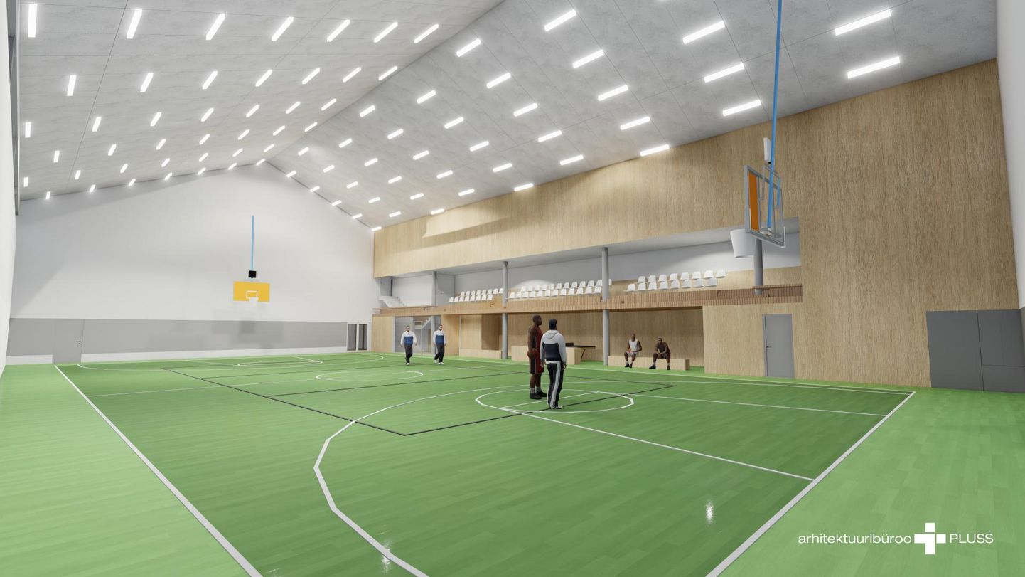 Uues spordihoones on statsionaarne tribüün ja ristkasutust võimaldavad ruumid.