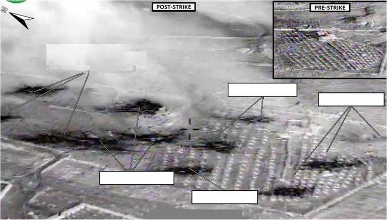 USA kaitseministeeriumi foto aastast 2014. Pildil on kujutatud varasemat ISIS-e tugipunkti Abu Kamali lähistel, mis hävitati.