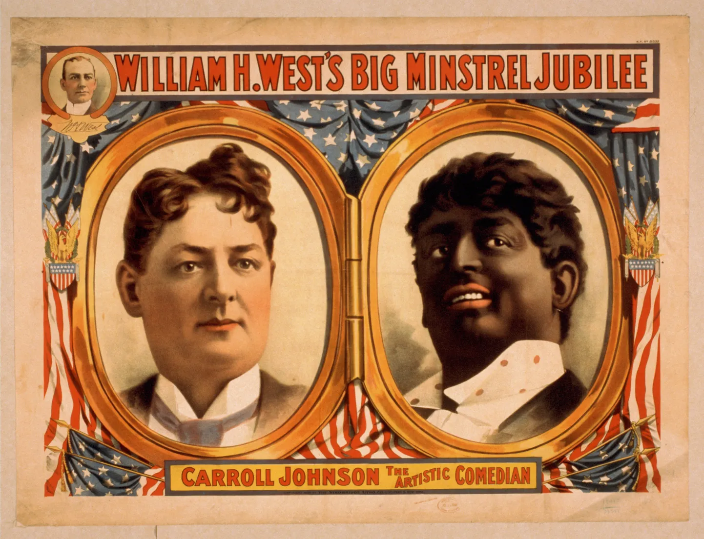 William H. Westi minstreliplakat, paremal on näitleja Carroll Johnson mustaks võõbatud näoga, vasakul endana. Aasta 1899.