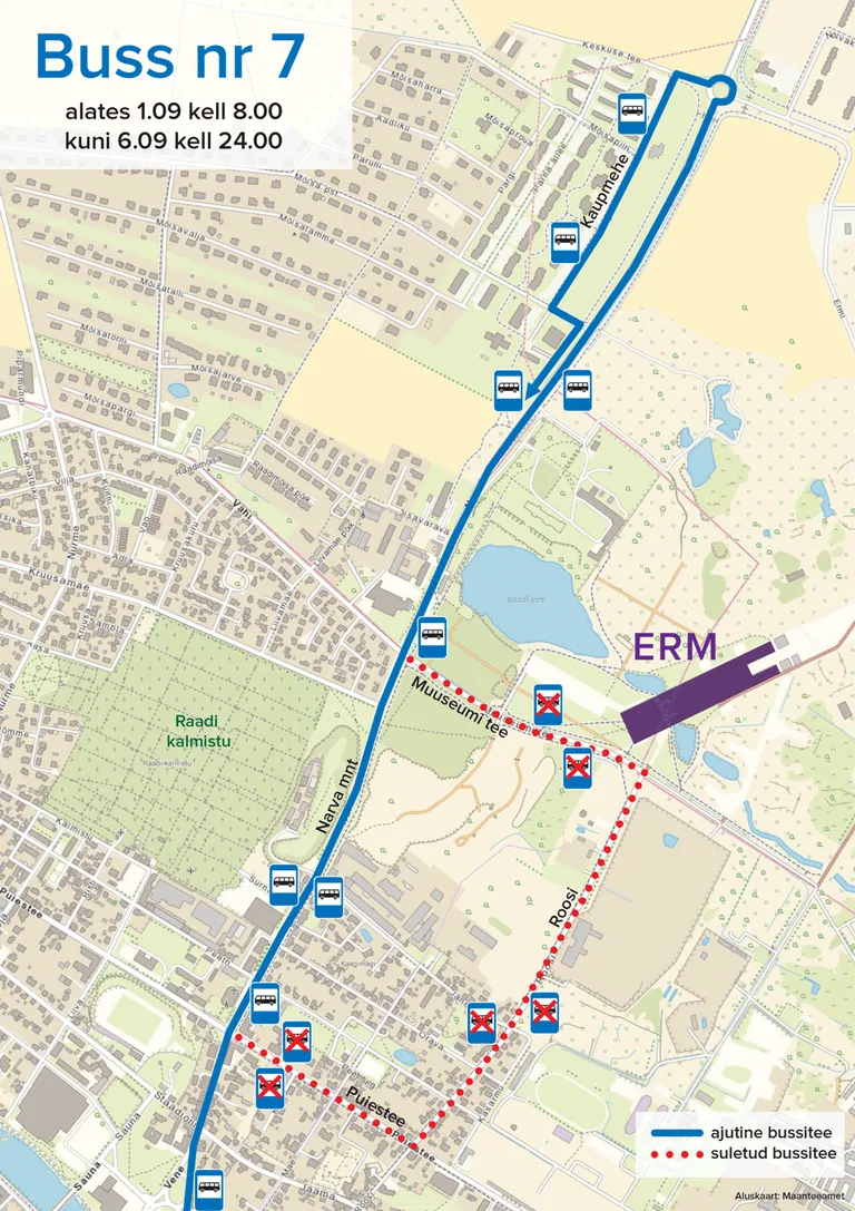 Buss nr 7 ümbersõiduskeem alates 1.09–6.09.