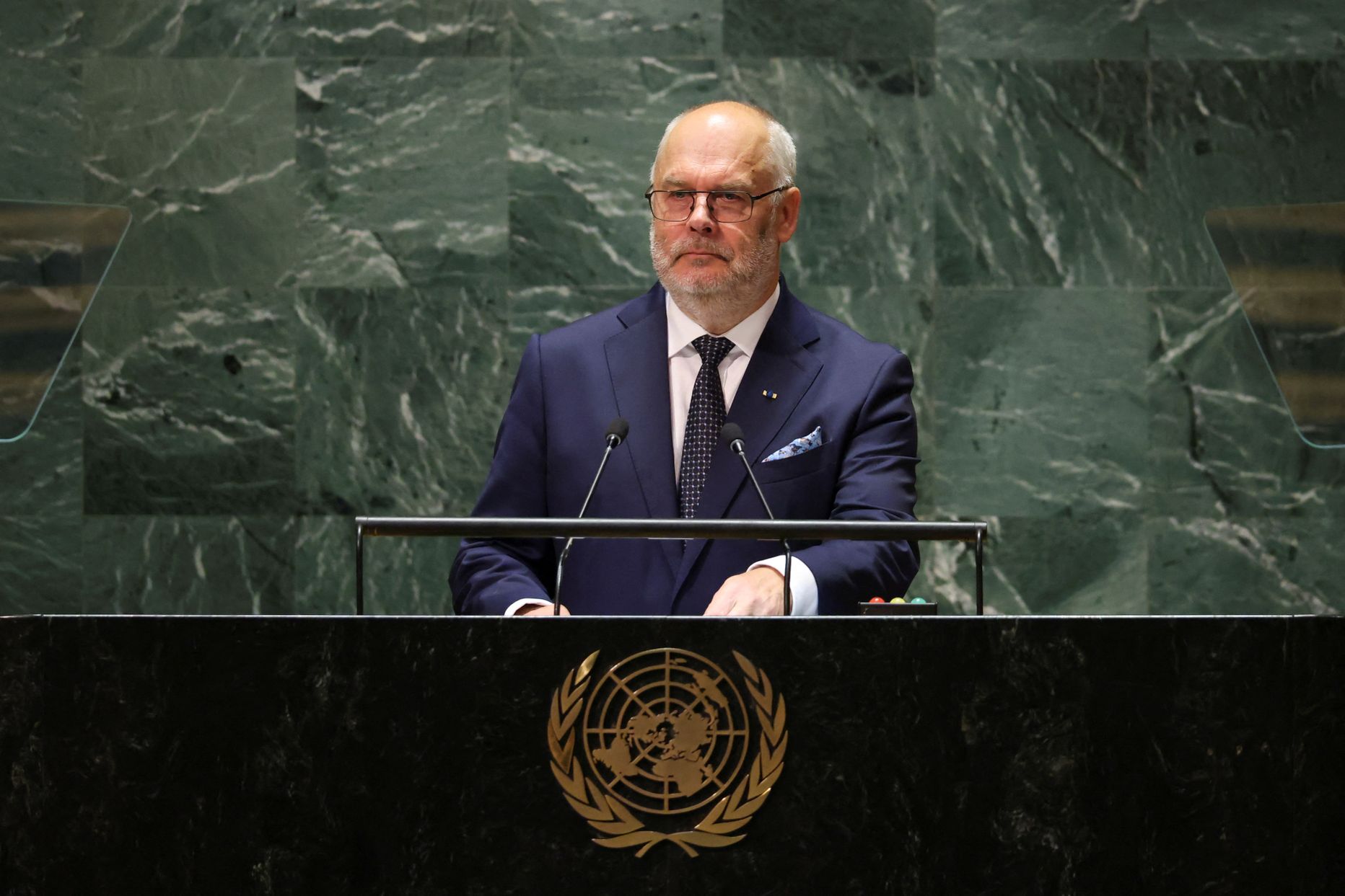 Eesti Vabariigi president Alar Karis kõnelemas ÜRO Peaassamblee 78. istungjärgul 20. septembril 2023.