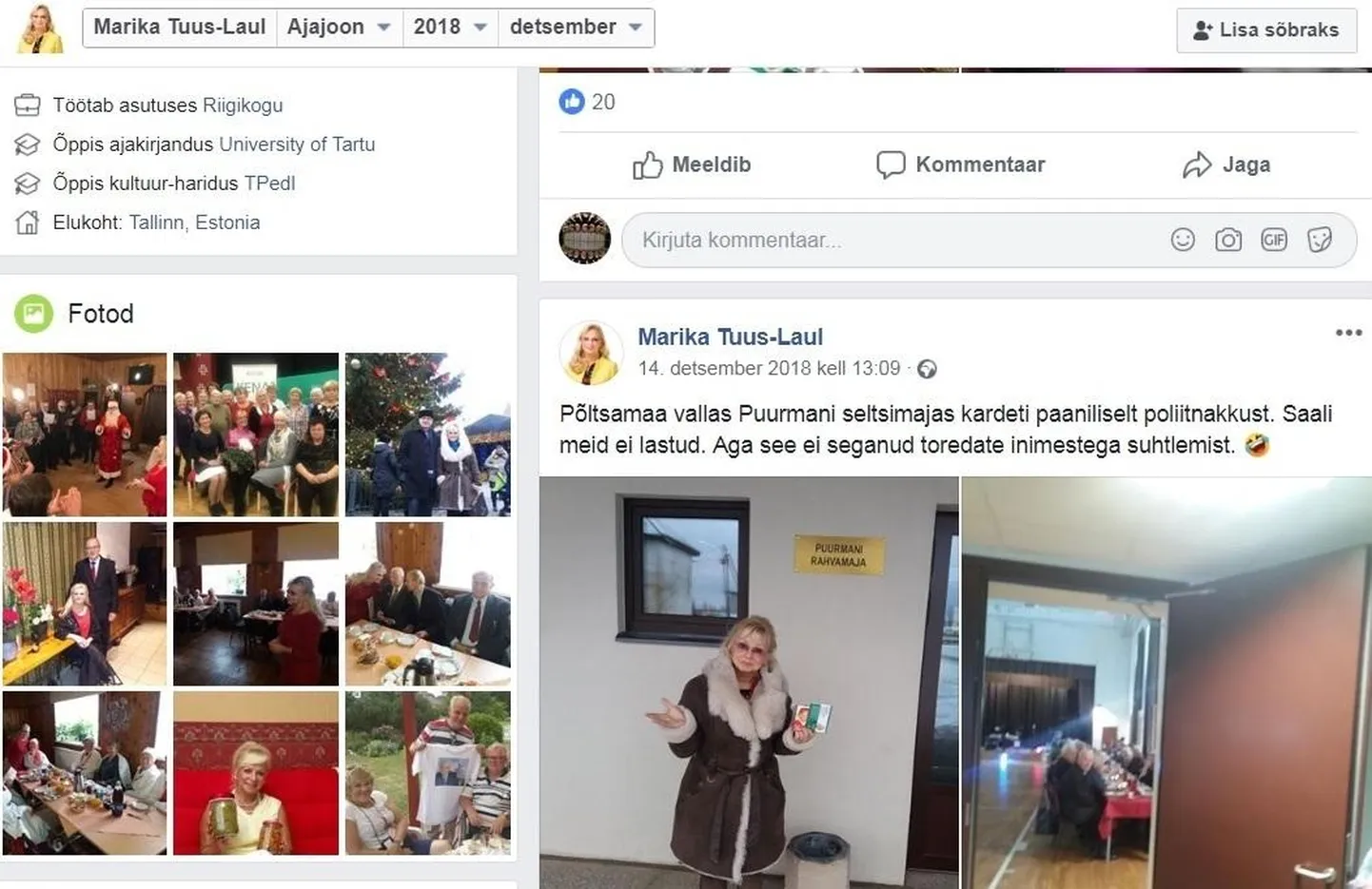 No mis sa teed – ei pääse sisse! Marika Tuus-Laul jäi Puurmani pensionäride jõulupeol saali ukse taha.