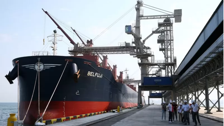 По морю зерно перевозится на специальных судах - балкерах (на фото балкер в порту Новороссийска)