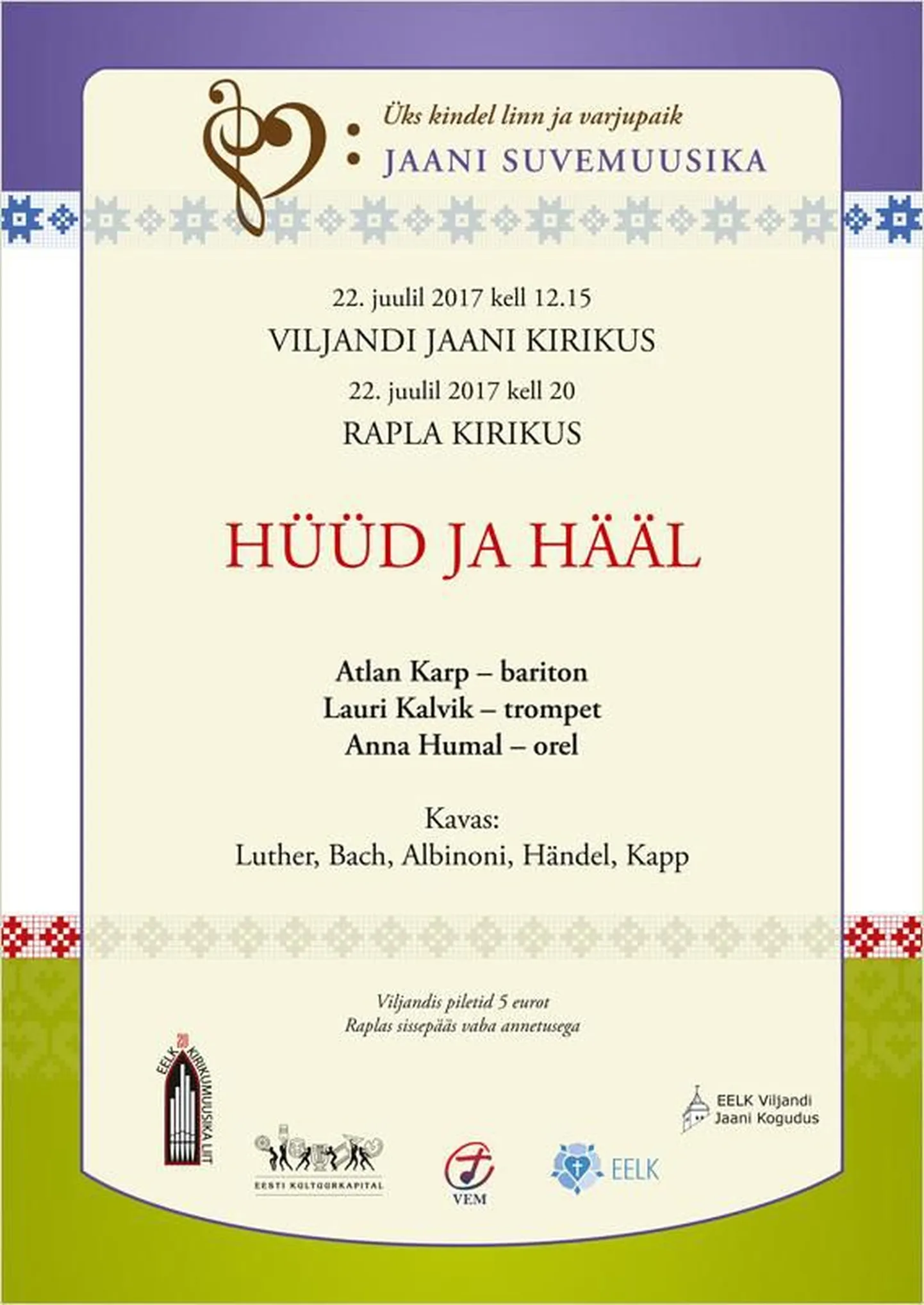 Viljandi Jaani kirikus täna kell 20 kontsert «Hüüd ja hääl».