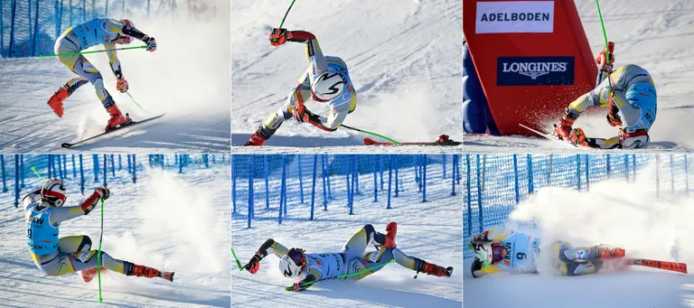 Fotoseeria Lucas Braatheni kukkumisest Adelbodeni MK-etapil.