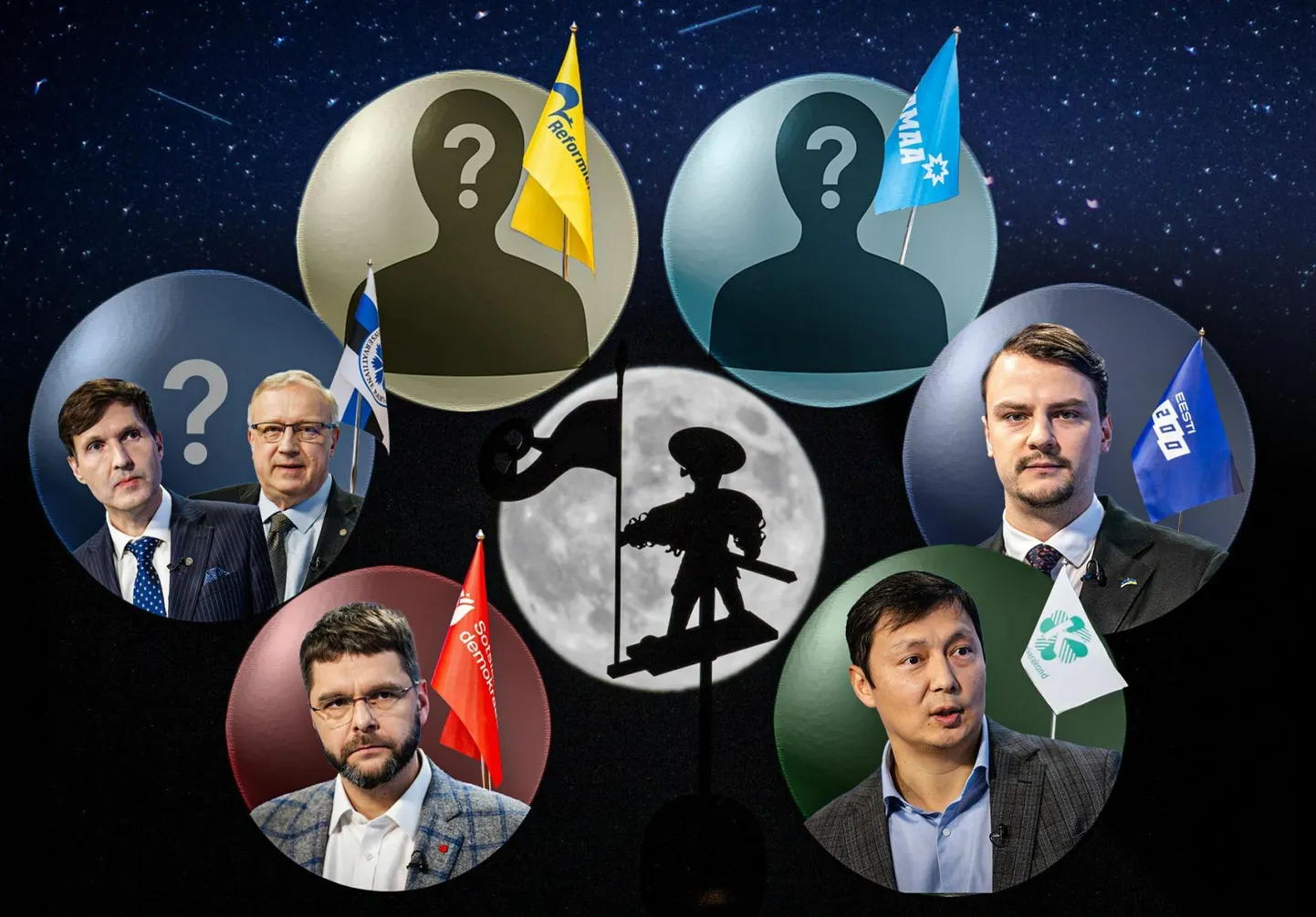 Erakondade Tallinna linnapea kandidaadid. Pildil (vasakult) Martin Helme, Mart Kallas, Jevgeni Ossinovski, Mihhail Kõlvart ja Aleksei Jašin.
