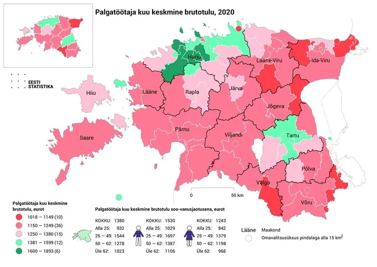 Palgatöötaja keskmine tulu 2020.aastal.