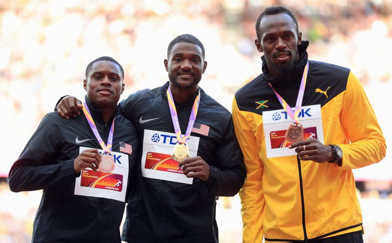 Christian Coleman (vasakul), Justin Gatlin ja Usain Bolt