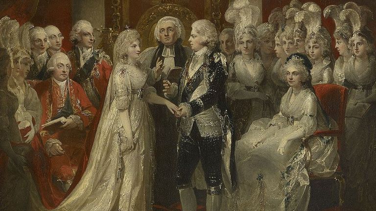 Свадьба Георга IV и Каролины Брауншвейгской. Что тут не так? Практически все, начиная с внешности жениха и невесты. Георг, который в ту пору был только принцем Уэльским, был существенно толще и ниже