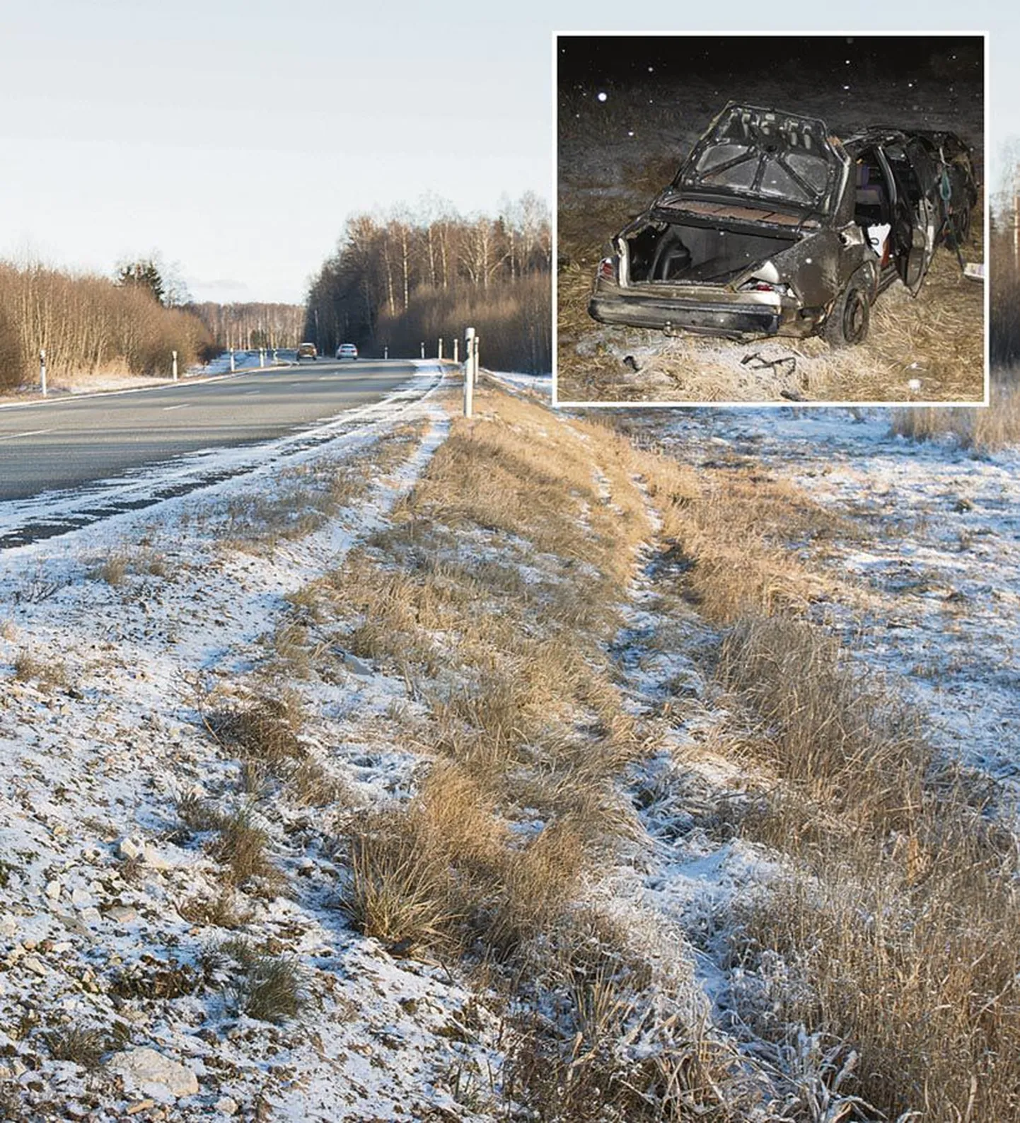 Marko Saarm / Politsei
Kraavis oleva Mercedese avastas varahommikul sündmuskohast möödasõitnud autojuht. Järgmisel päeval reetsid õnnetuspaika vaid tee kõrval olnud üksikud asjad, mis olid autost välja kukkunud.