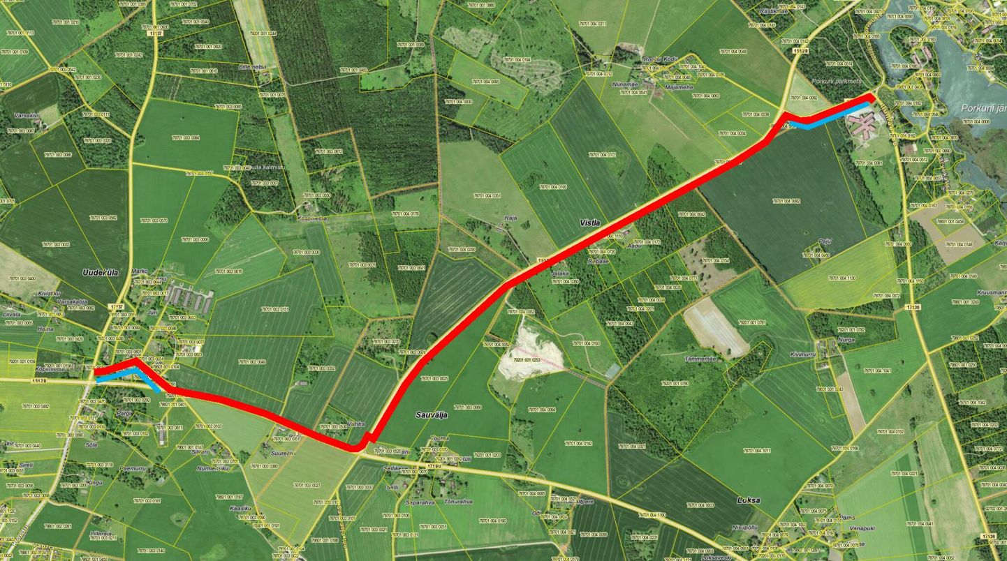 Kergliiklustee Uudeküla–Porkuni osa, mis on siiani ehitamata. Tulevane kergtee on kaardil markeeritud punasega, selle valgustatud osa sinisega.