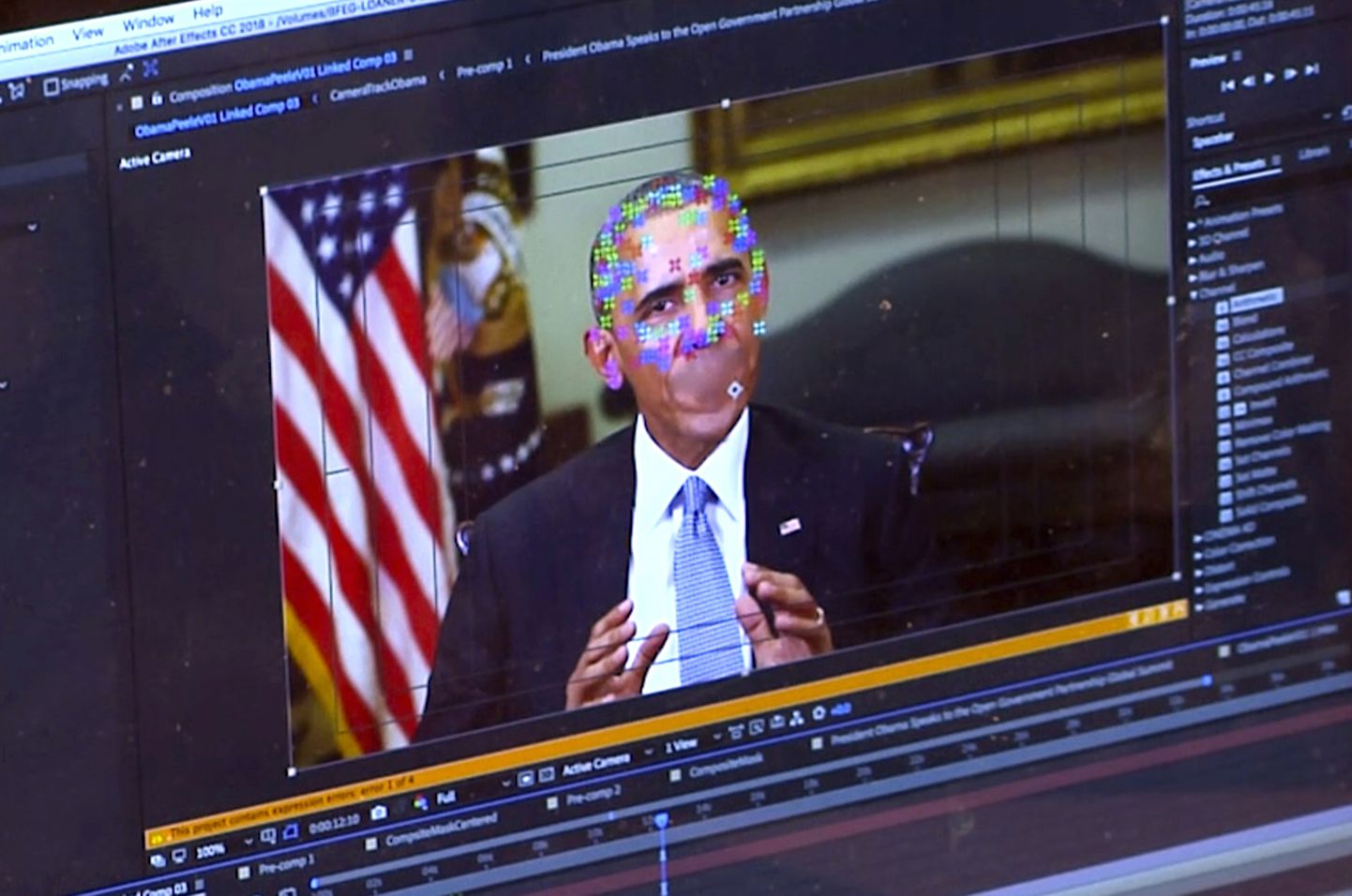 Pilt sellest, kuidas endisest USA presidendist Barack Obamast süvavõltsingut tehakse. Pildil on näha elemente näo kaardistamisest uue tehnoloogiaga, mis lubab igaühel teha videosid päris inimestest ütlemas asju, mida nad pole kunagi öelnud.