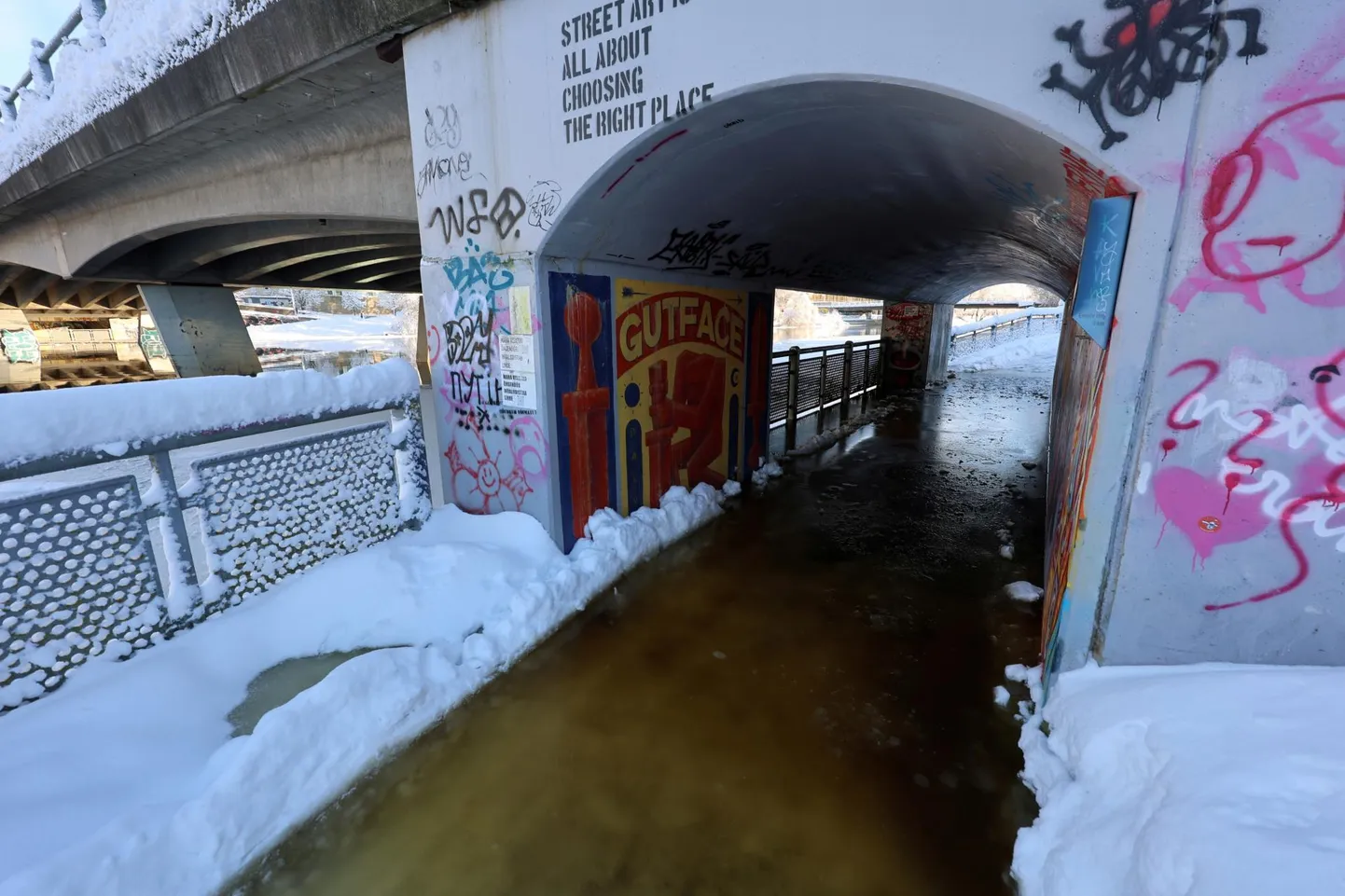 Вчера тротуар под мостом Кроонуайа в Тарту был затоплен.