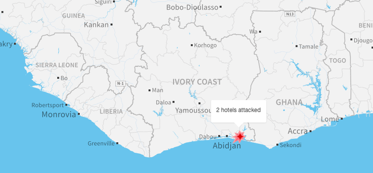 Rünnak toimus Grand-Bassami sadamalinnas, mis asub riigi pealinnast Abidjanist ligi 40 kilomeetri kaugusel. Allikas: CNN.