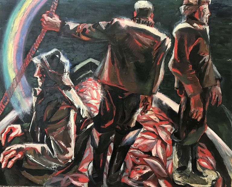 Semjons Šegelmans (1933). "Zvejnieki un varavīksne", 1963., audekls/eļļa, 81 x 100 cm

Sākuma cena: 4000 €.

Glezna "Zvejnieki un varavīksne" tika izstādīta Maskavā - Manēžā Vissavienības jauno mākslinieku izstādē, kur tika prezentēti labākie mākslinieki no visām PSRS republikām. Izstādē izcēlās skandāls, kad viens no mākslas kritiķiem gleznā atklāja urinējošu zvejnieku. To nepamanīja atlases komisijas locekļi Rīgā. Glezna padarīja Šegelmanu uzreiz slavenu.
Daudzas Maskavas dāmas pat pasūtīja pie viņa portretus.Kad 1975. gadā atzītā, talantīgā grafiķa Semjona Šegelmana (1933) izstāde Mākslas darbinieku namā tika eksponēta vien nedēļu un vēlāk padomju cenzori viņa "drūmos" darbus vienkārši iznīcināja, viņš kopā ar sievu Jūliju emigrēja uz Eiropu, vēlāk Kanādu. Vēlāk padomju gados viņa vārds dažādos grafikai veltītos izdevumos vairs netika pieminēts.
 