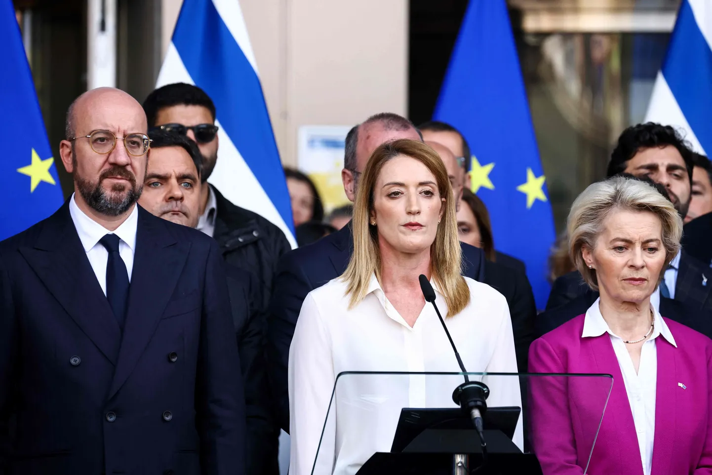 Euroopa Ülemkogu president Charles Michel, Euroopa Parlamendi president Roberta Metsola ja Euroopa Komisjoni president Ursula Von der Leyen kaastundeavaldusel Hamasi korraldatud rünnakute ohvritele Iisraelis.