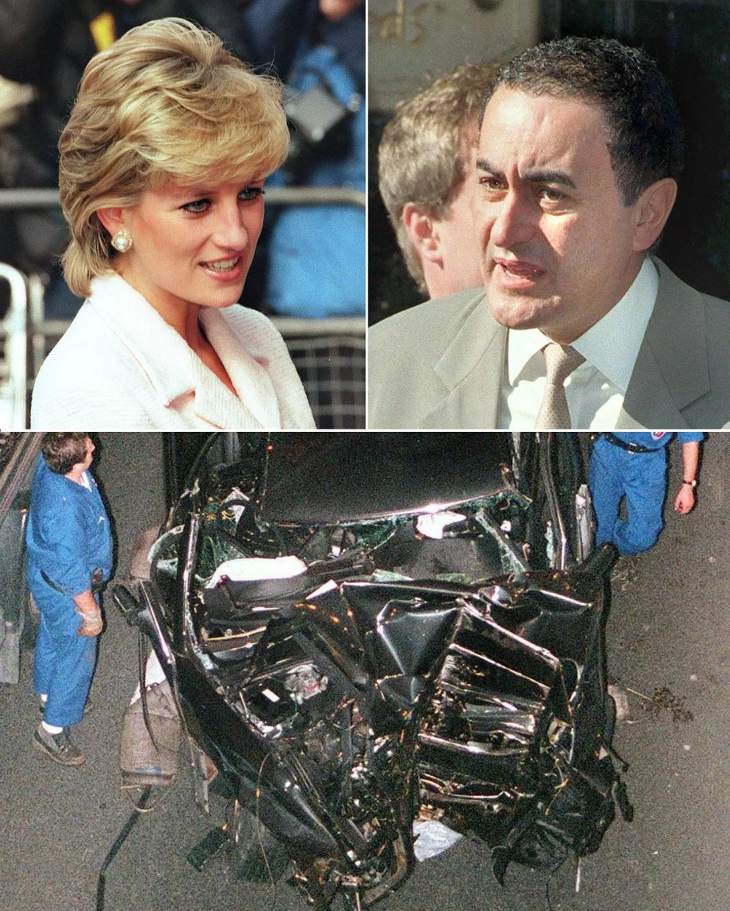 Printsess Diana (vasakul) ja Dodi al Fayed (paremal) ning 1997. aasta 31. augustil tehtud pilt autost, milles nad hukkusid.