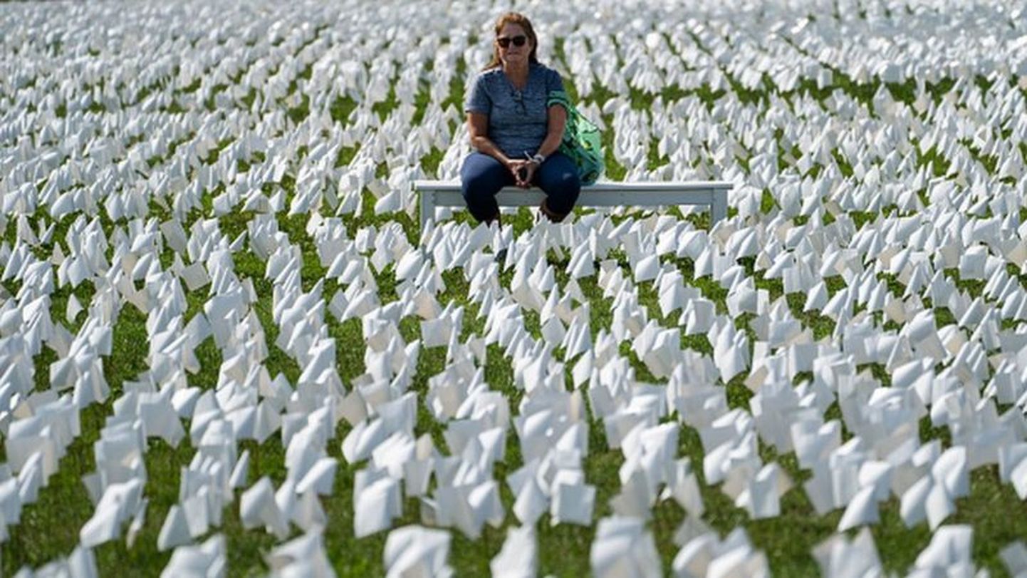 В центре Вашингтона создан мемориал памяти жертв эпидемии Covid-19. Каждый умерший отмечен белым флажком.