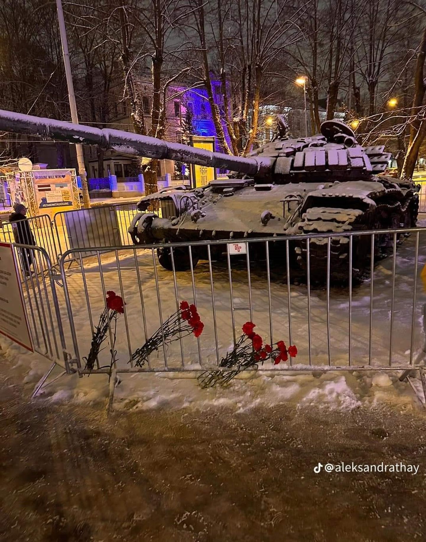 Красные гвоздики у уничтоженного российского танка в парке Кронвалда в Риге