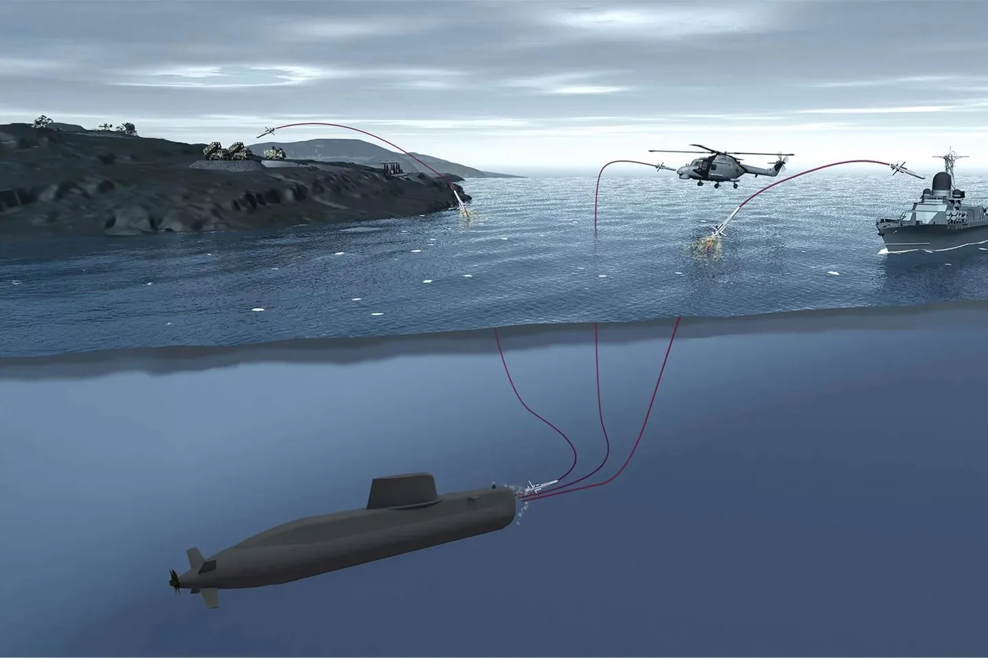 Vee alt välja tulistatud raketil on kaabel taga, et allveelaevast saaks seda jooksvalt juhtida nii vee kohal kui maal oleva sihtmärgi tabamiseks.